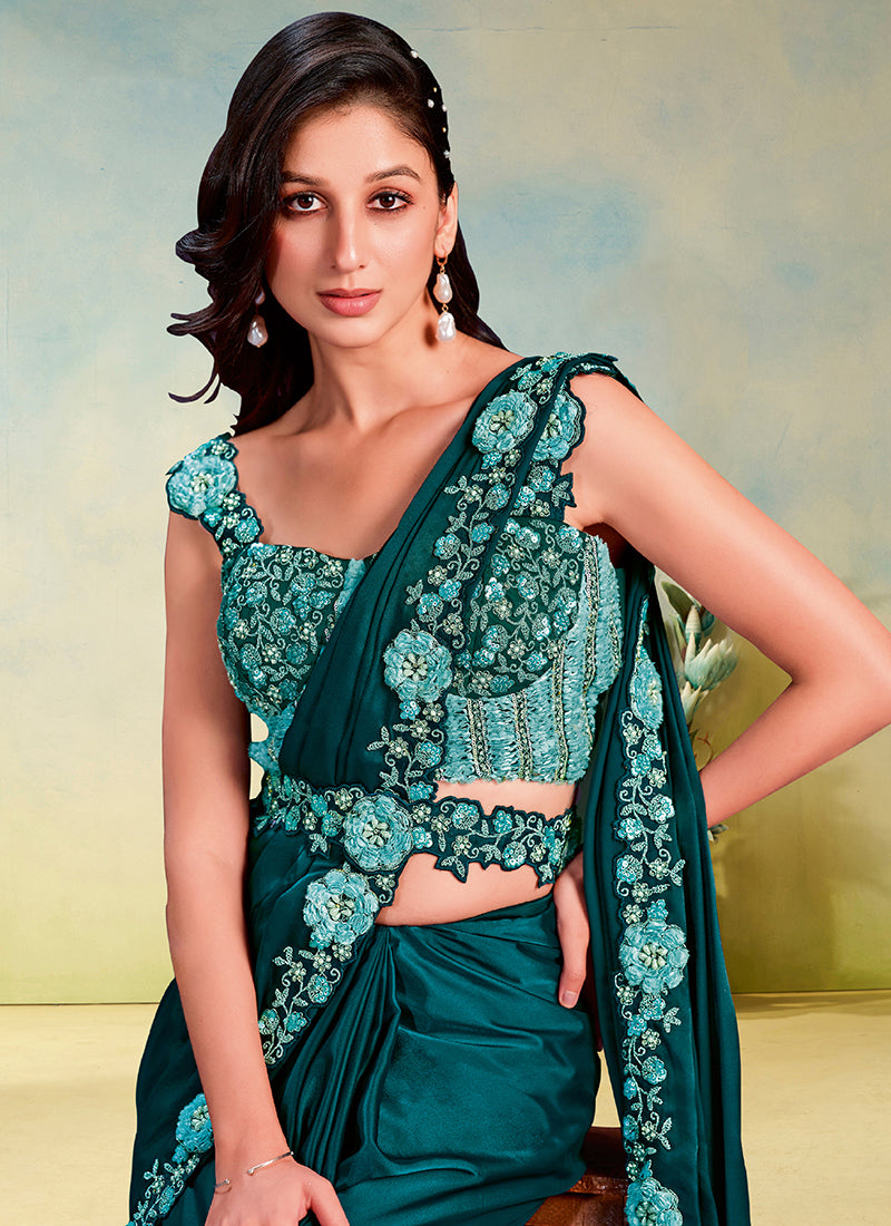 Teal Blue Crape Satin Silk Sequin Work Party Wear Ready To Wear Saree SW903096