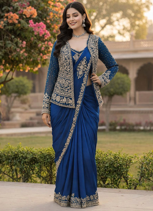 Teal Blue Crepe Silk Embroidery Work Festival Wear Readymade Saree With Koti  SW153327