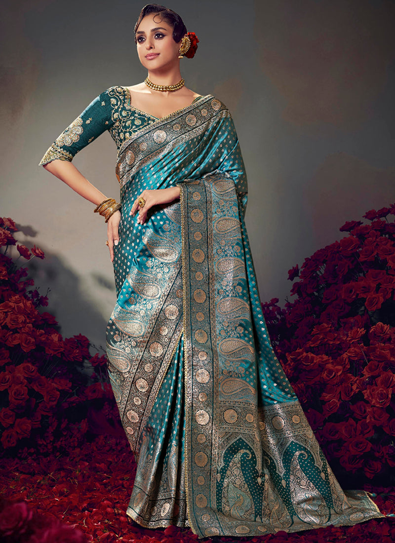Fancy Fabric Teal Blue Wedding Wear Embroidery Work Saree 385872