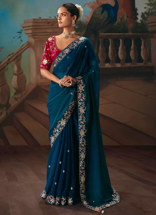 Teal Blue Fancy Sequins Work  Wedding Wear Saree SW672289