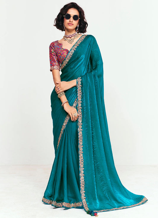 Teal Blue Fancy Silk Border Work Wedding Wear Wedding Saree SW160955