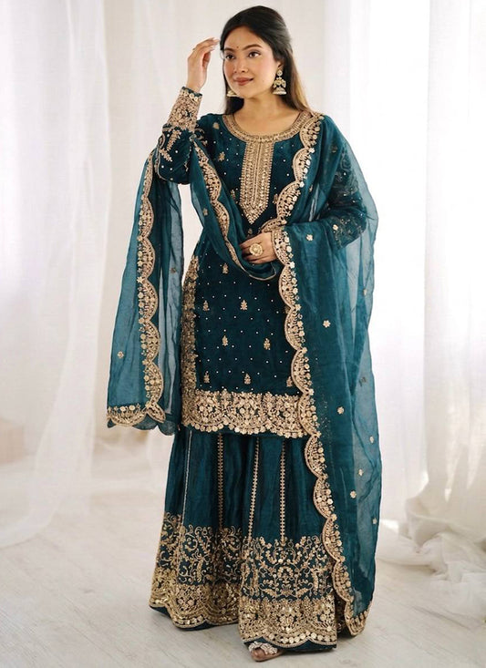 Teal Blue Fendi Silk Embroidery Work Festival Wear Readymade Plazzo Suit SW808680