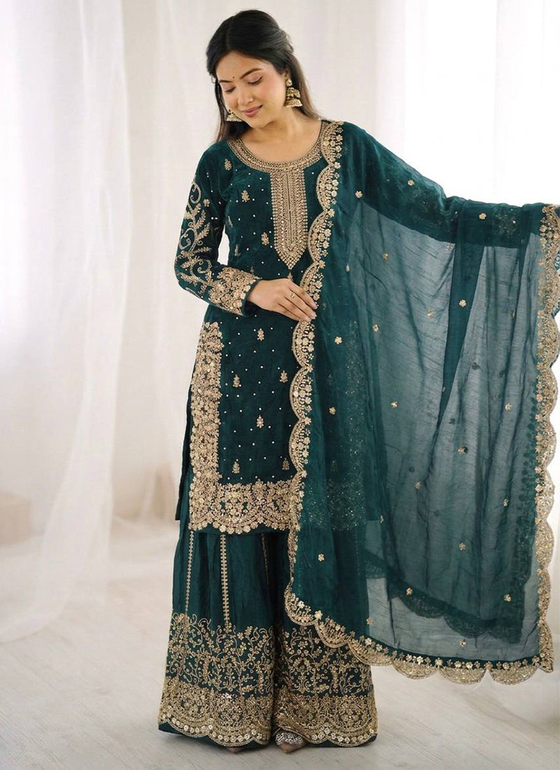 Teal Blue Fendi Silk Embroidery Work Festival Wear Readymade Plazzo Suit SW808680