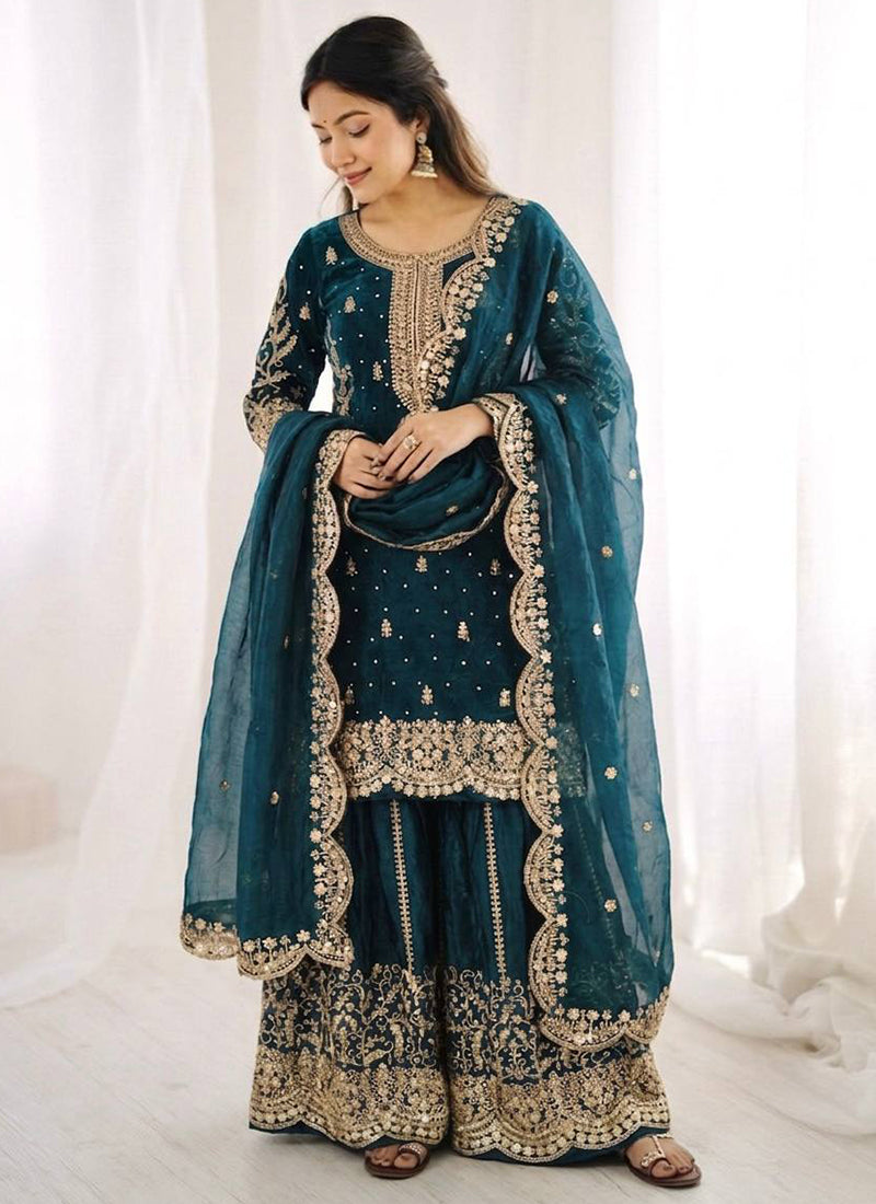 Teal Blue Fendi Silk Embroidery Work Festival Wear Readymade Plazzo Suit SW808680