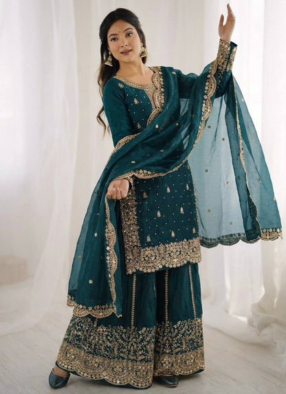 Teal Blue Fendi Silk Embroidery Work Festival Wear Readymade Plazzo Suit SW808680