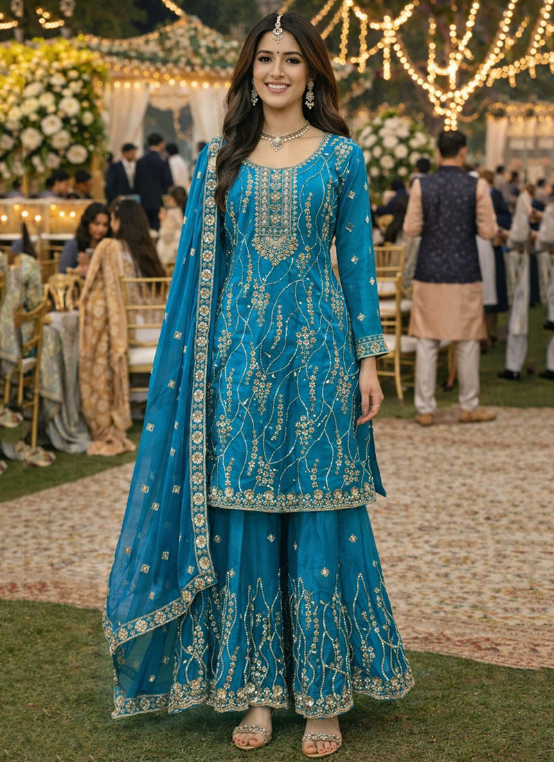 Teal Blue Fendy Silk Embroidery Work Festival Wear Readymade Plazzo Suit SW528057