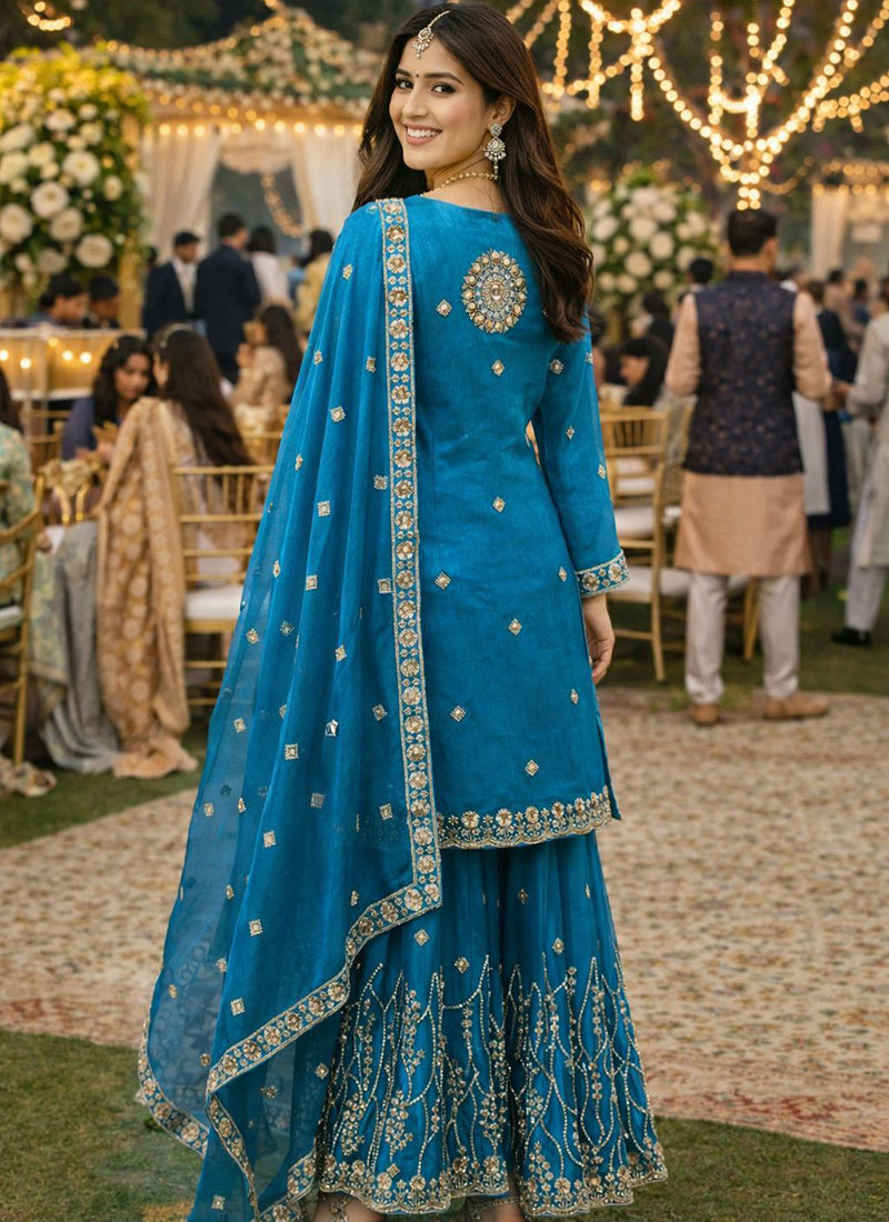 Teal Blue Fendy Silk Embroidery Work Festival Wear Readymade Plazzo Suit SW528057