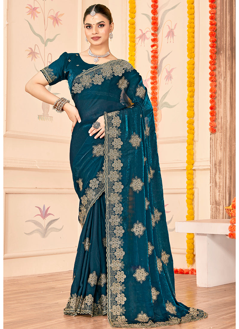 Fendy Silk Teal Blue Saree with Zari Work for Festival Wear 384445