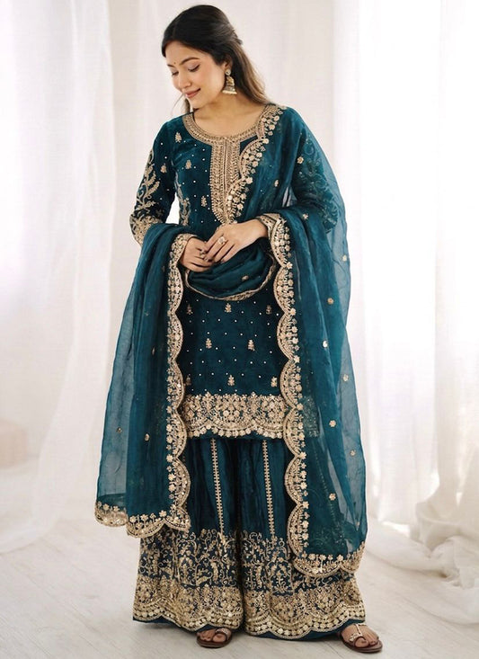 Teal Blue Fendy Silk Embroidery Work Occasional Wear Readymade Plazzo Suit SW649195