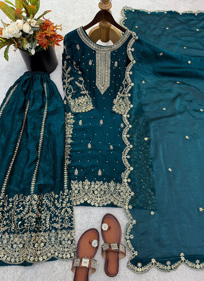 Teal Blue Fendy Silk Embroidery Work Occasional Wear Readymade Plazzo Suit SW649195