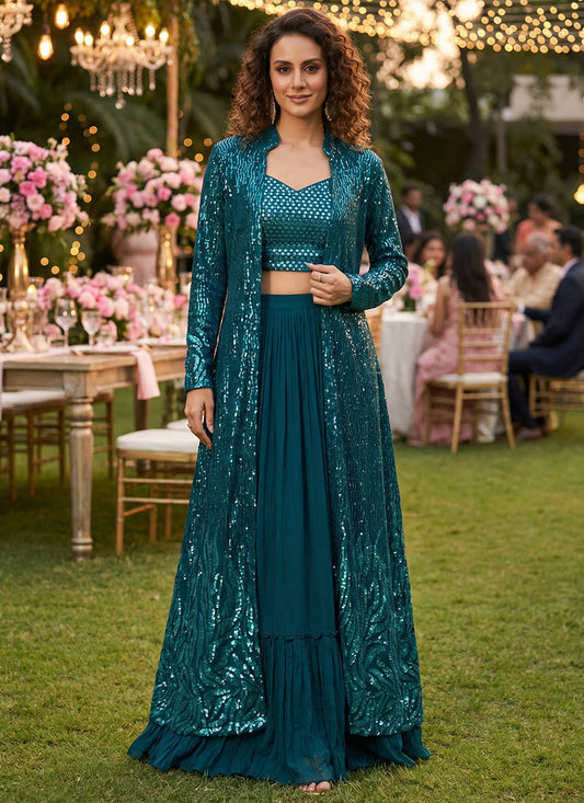 Georgette Teal Blue Designer Wear Sequins Work Designer Suit 390701
