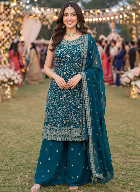 Teal Blue Georgette Sequins Work  Festival Wear Readymade Plazzo Suit SW650883