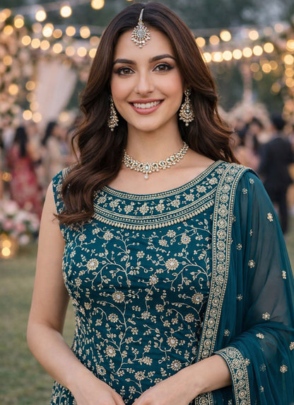 Teal Blue Georgette Sequins Work  Festival Wear Readymade Plazzo Suit SW650883