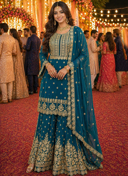 Teal Blue Georgette Embroidery Work Occasional Wear Readymade Plazzo Suit SW145506