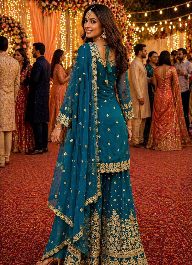 Teal Blue Georgette Embroidery Work Occasional Wear Readymade Plazzo Suit SW145506