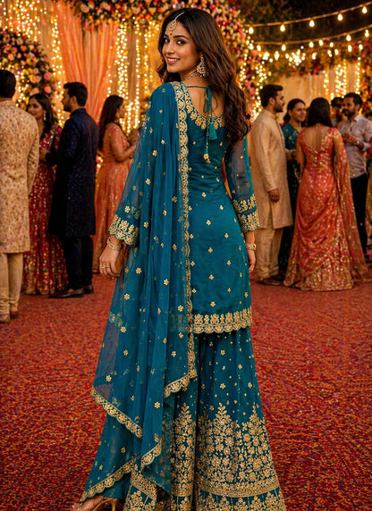 Teal Blue Georgette Embroidery Work Occasional Wear Readymade Plazzo Suit SW145506