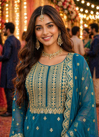 Teal Blue Georgette Embroidery Work Occasional Wear Readymade Plazzo Suit SW145506