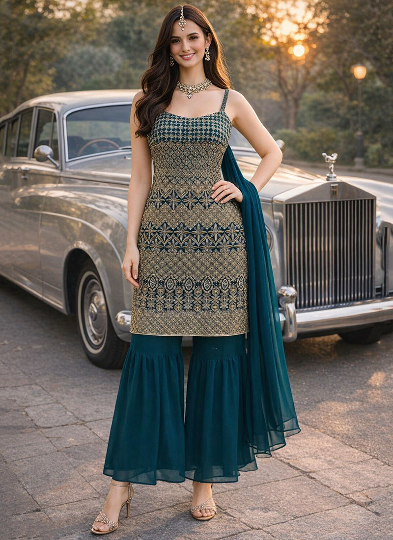 Teal Blue Georgette Embroidery Work Party Wear Readymade Sharara Suit SW626025