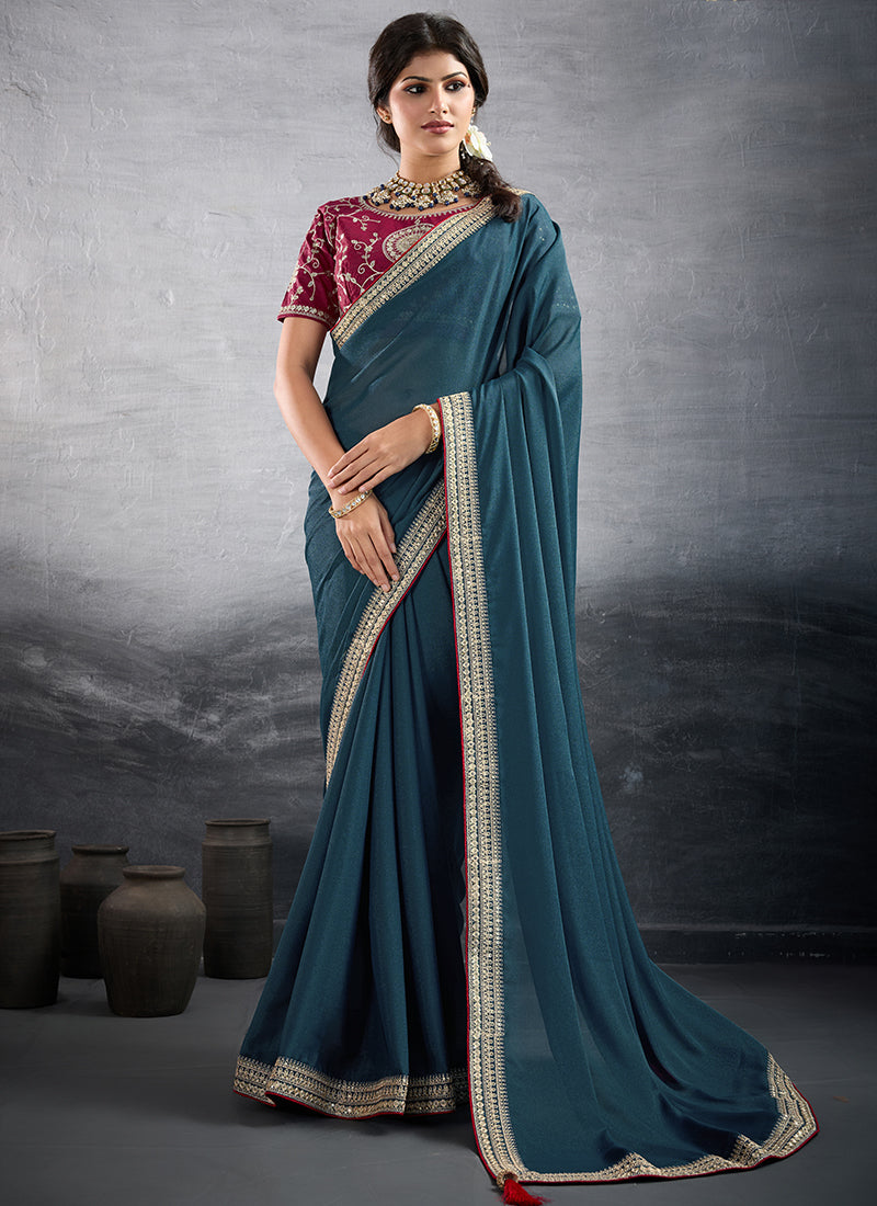 Georgette Teal Blue Party Wear Embroidery Work Saree 385553