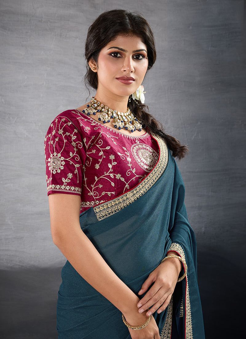 Georgette Teal Blue Party Wear Embroidery Work Saree 385553