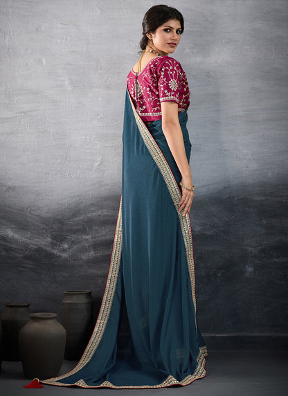 Georgette Teal Blue Party Wear Embroidery Work Saree 385553