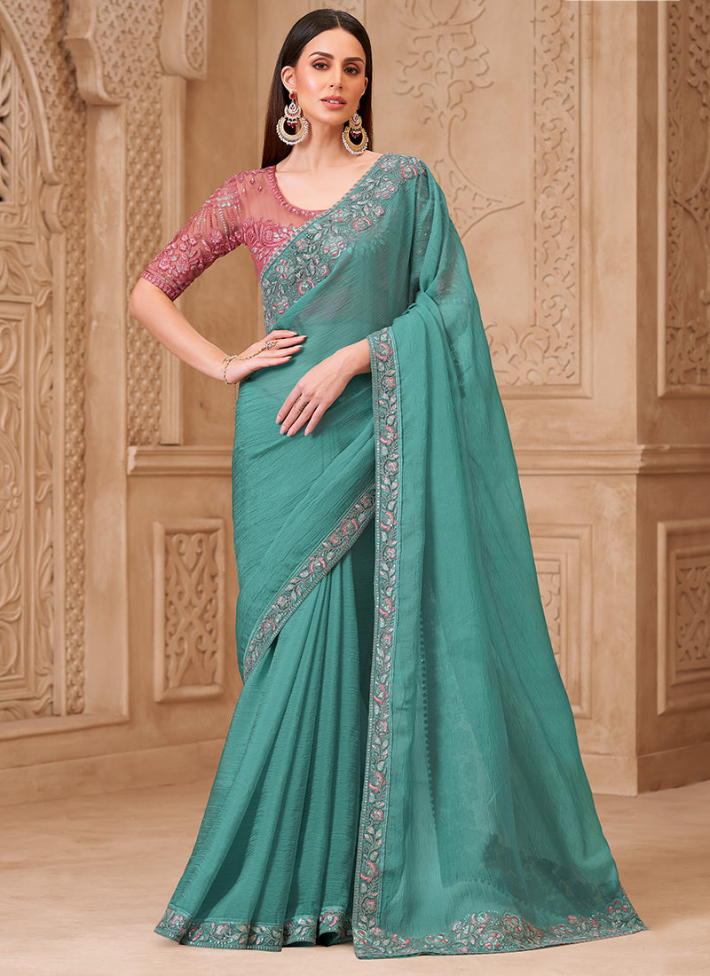Georgette Teal Blue Embroidery Work For Party Wear Saree 385724