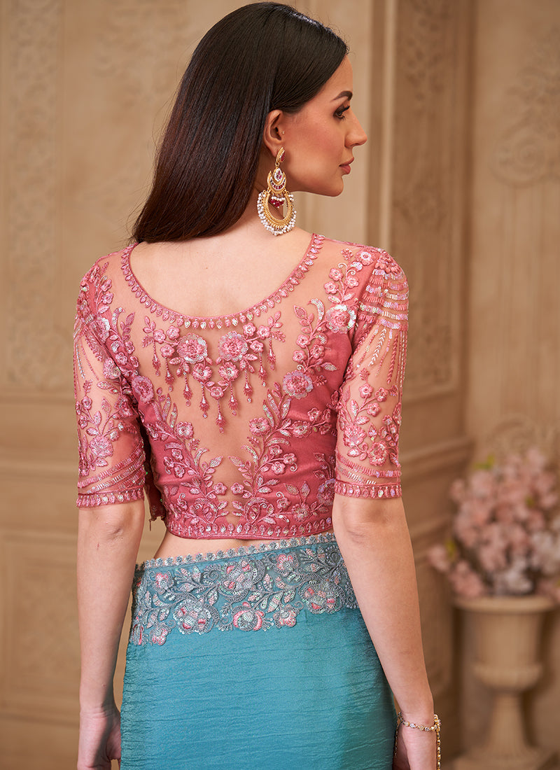 Georgette Teal Blue Embroidery Work For Party Wear Saree 385724