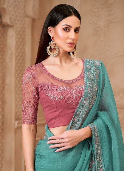 Georgette Teal Blue Embroidery Work For Party Wear Saree 385724