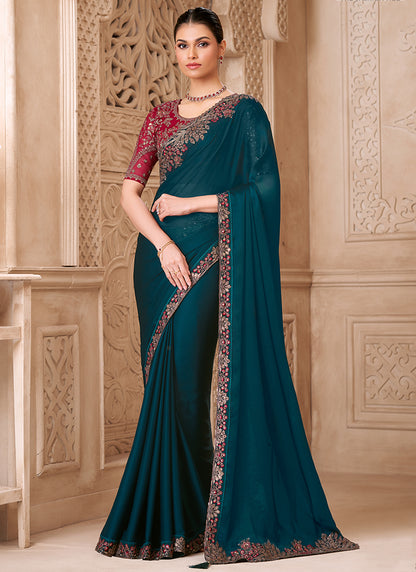 Georgette Teal Blue Party Wear Embroidery Work Saree 385726
