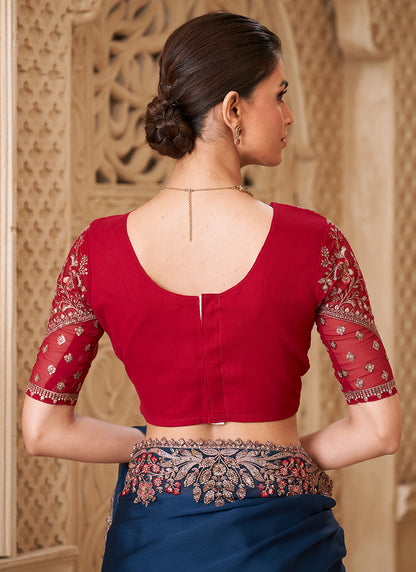 Georgette Teal Blue Party Wear Embroidery Work Saree 385726