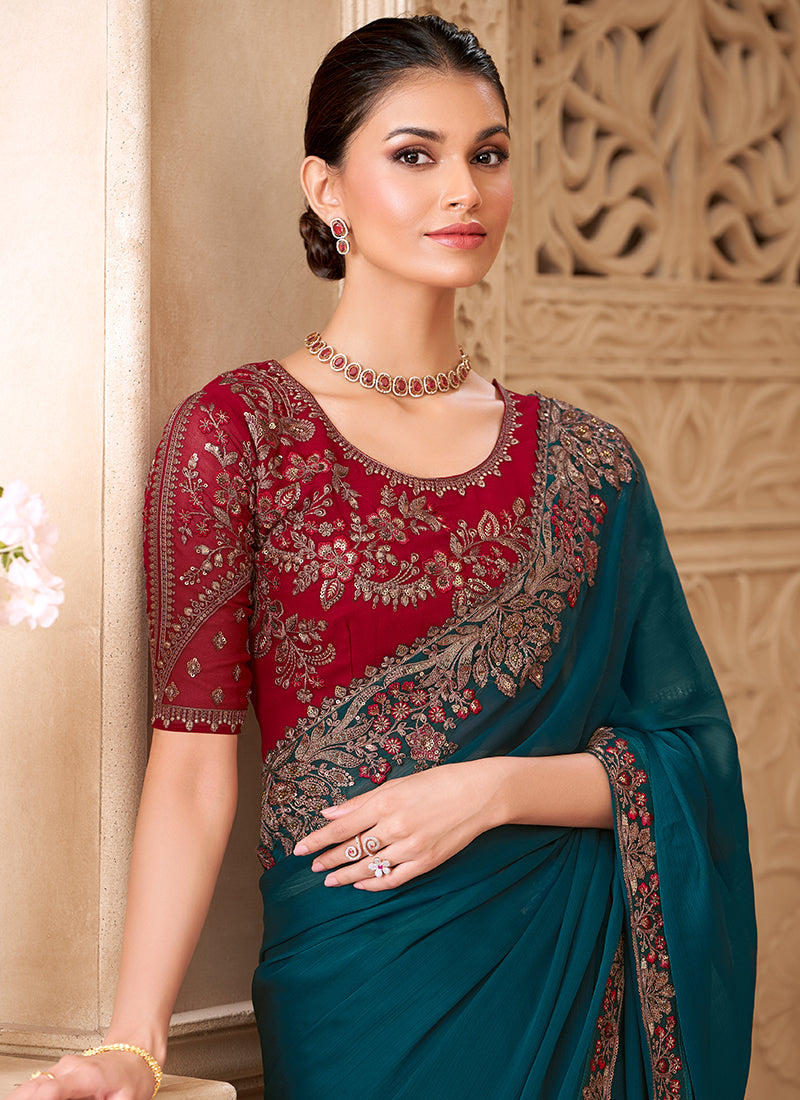 Georgette Teal Blue Party Wear Embroidery Work Saree 385726