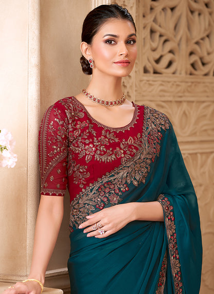 Georgette Teal Blue Party Wear Embroidery Work Saree 385726