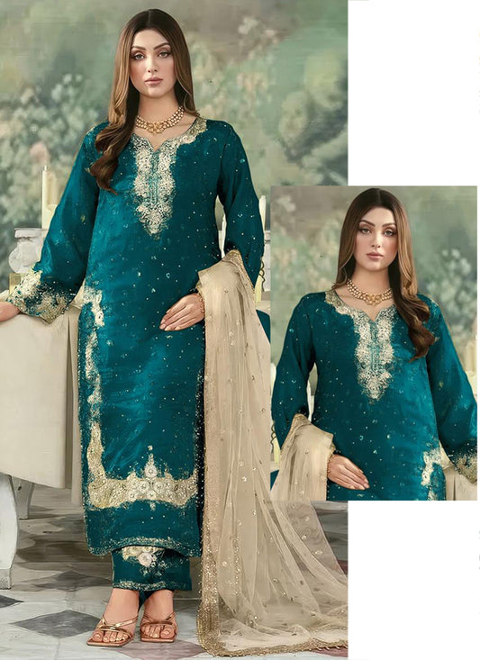 Teal Blue Jimmy Choo Embroidery Work Eid Wear Pakistani Suit-SW810730