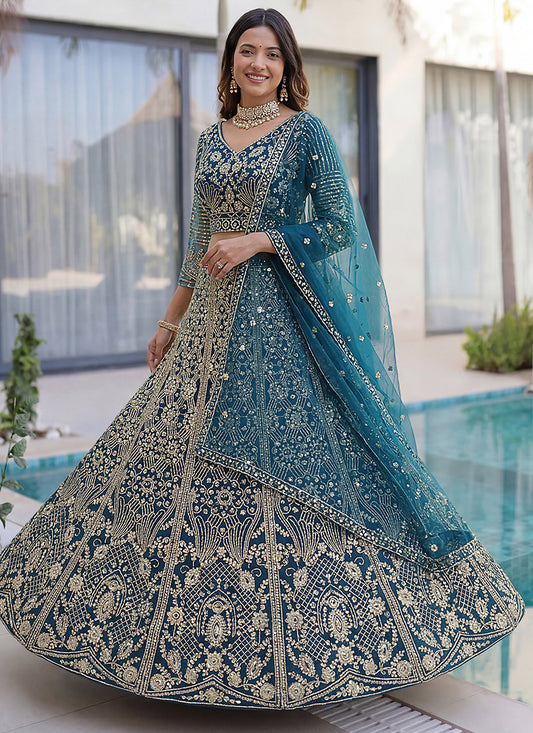 Teal Blue Net Embroidery Work Occasional Wear Lehenga Choli SW231235