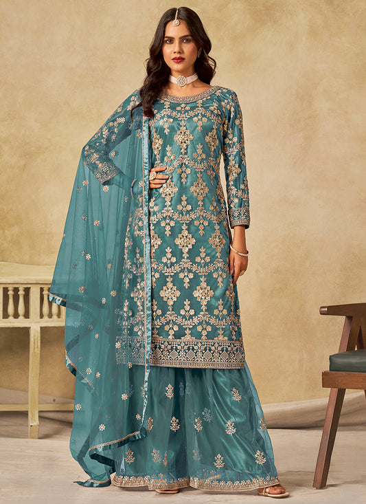 Net Teal Blue Wedding Wear Embroidery Work Palazzo Suit 385172