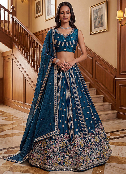Teal Blue Organza Sequins Work  Occasional Wear Lehenga Choli SW961446