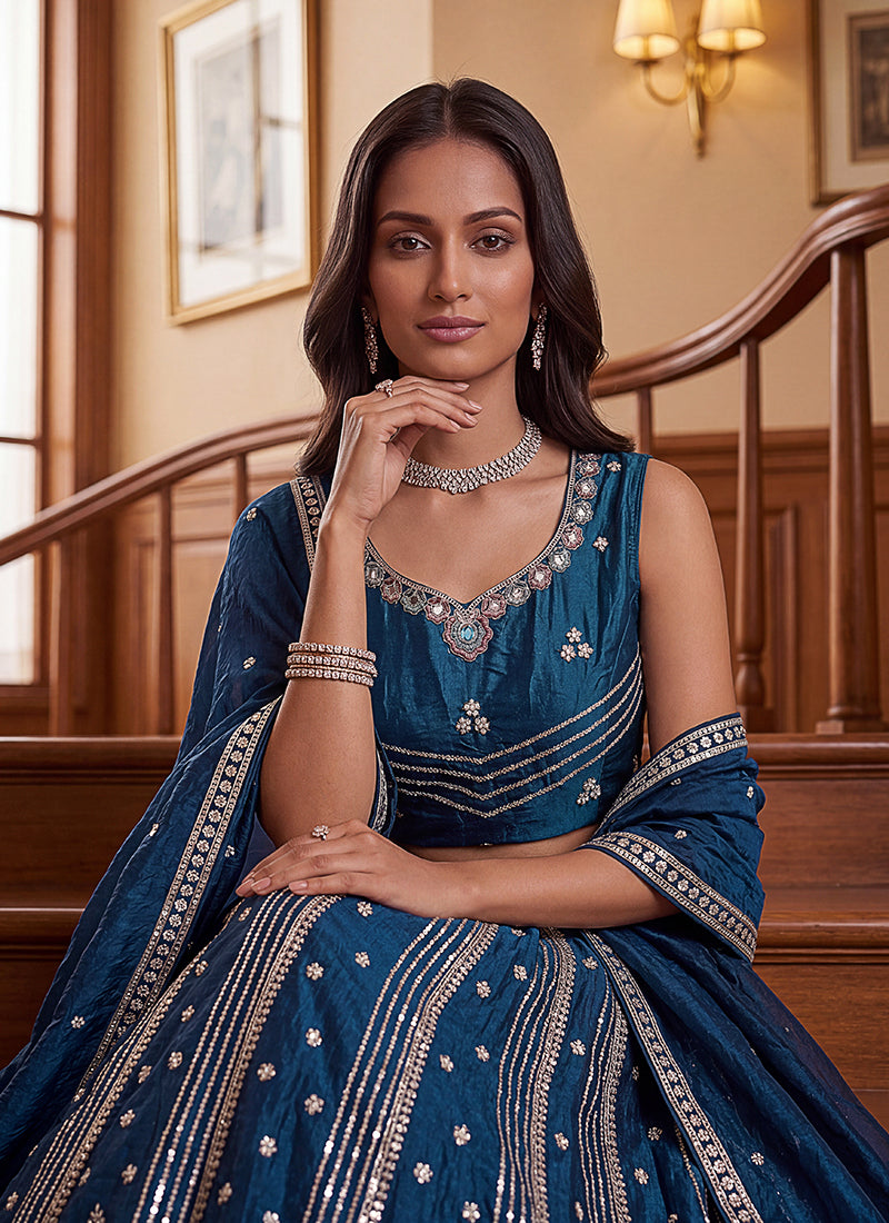 Teal Blue Organza Sequins Work  Occasional Wear Lehenga Choli SW961446