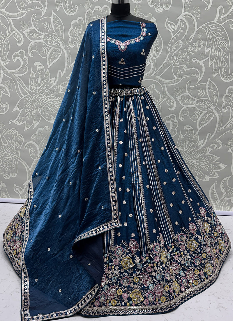 Teal Blue Organza Sequins Work  Occasional Wear Lehenga Choli SW961446