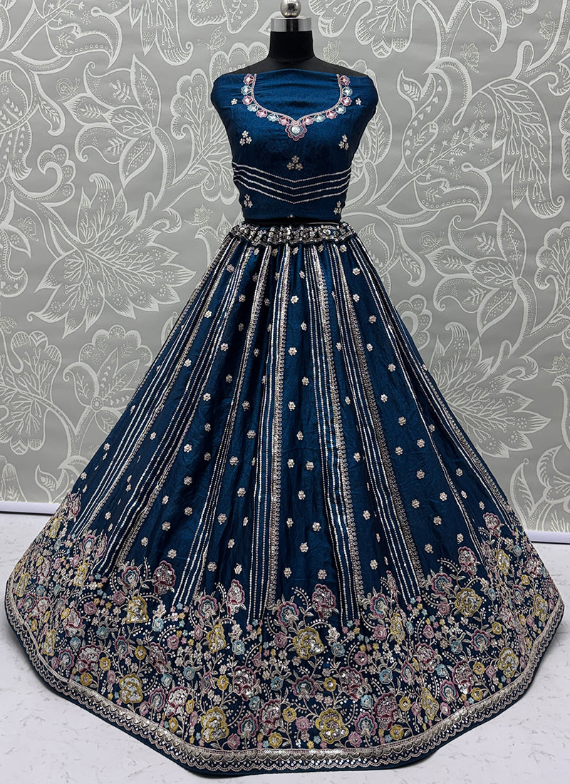 Teal Blue Organza Sequins Work  Occasional Wear Lehenga Choli SW961446