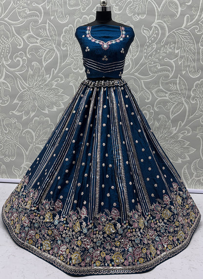 Teal Blue Organza Sequins Work  Occasional Wear Lehenga Choli SW961446