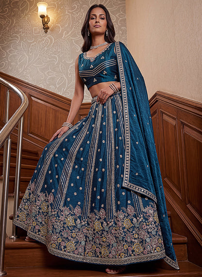 Teal Blue Organza Sequins Work  Occasional Wear Lehenga Choli SW961446
