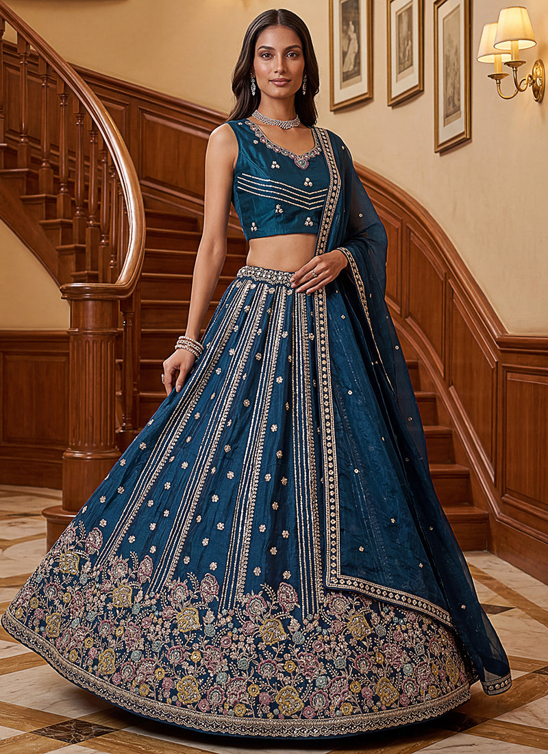 Teal Blue Organza Sequins Work  Occasional Wear Lehenga Choli SW961446