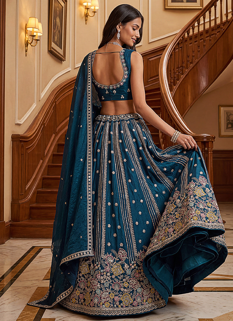 Teal Blue Organza Sequins Work  Occasional Wear Lehenga Choli SW961446