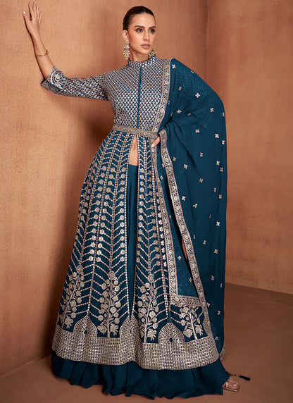 Real Georgette Teal Blue Wedding Wear Embroidery Work Readymade Indowestern Suit 388069