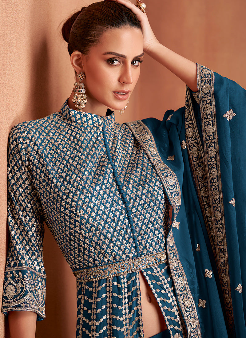 Real Georgette Teal Blue Wedding Wear Embroidery Work Readymade Indowestern Suit 388069