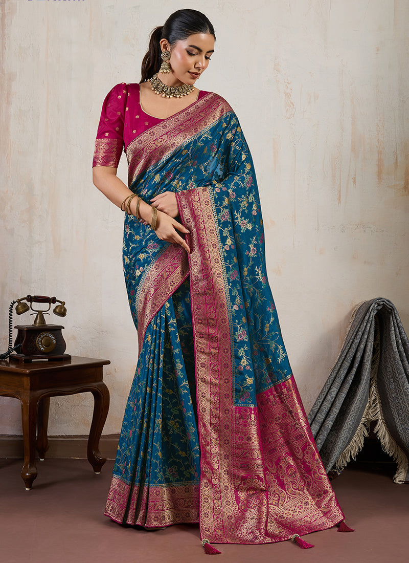 Teal Blue Satin Weaving Work Occasional Wear Saree SW380373