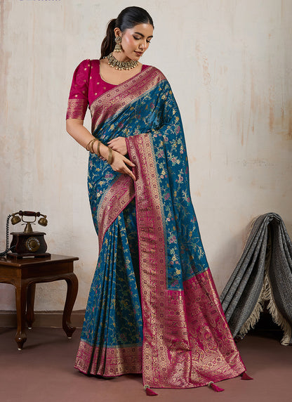 Teal Blue Satin Weaving Work Occasional Wear Saree SW380373