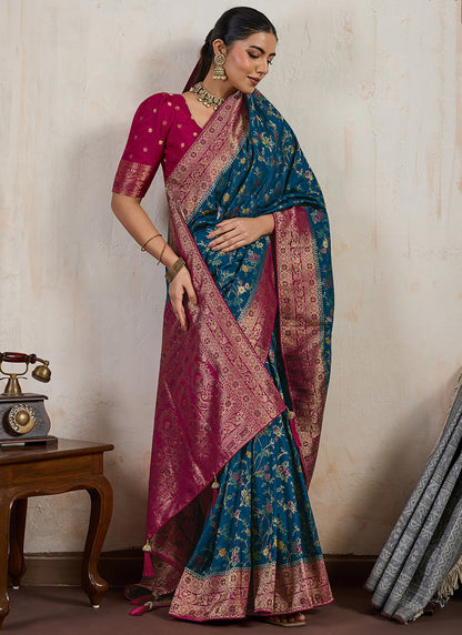 Teal Blue Satin Weaving Work Occasional Wear Saree SW380373