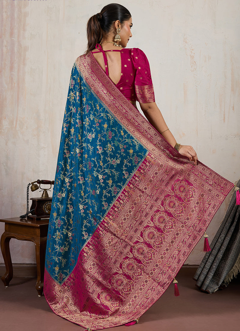 Teal Blue Satin Weaving Work Occasional Wear Saree SW380373