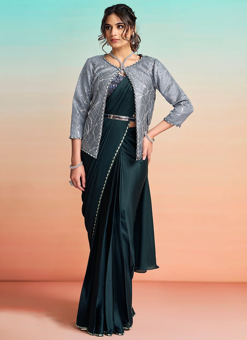 Teal Blue Satin Silk Embroidery Work Festival Wear Readymade Saree SW474272